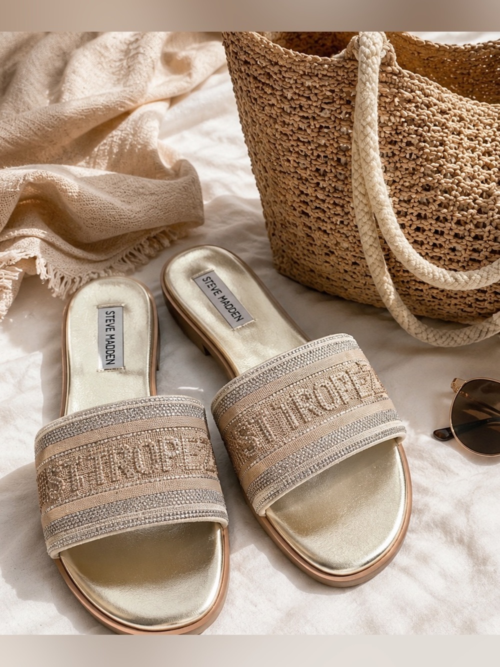 Steve Madden Gold and Beige Embellished Slide Mules